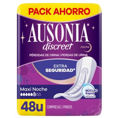 AUSONIA Discreet Lot de 48 serviettes hygiéniques maxi-nocturnes, pour perte d'urine pour femme, extra sûre et discrète AUSONIA Discreet Lot de 48 serviettes hygiéniques maxi-nocturnes, pour perte d'urine pour femme, extra sûre et discrète