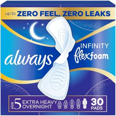 Always Infinity FlexFoam – Lot de 30 serviettes de nuit extra lourdes avec ailes, non parfumées, taille 5 Always Infinity FlexFoam – Lot de 30 serviettes de nuit extra lourdes avec ailes, non parfumées, taille 5