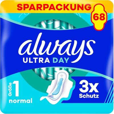 Always Ultra Day Normal Lot de 68 serviettes hygiéniques avec ailettes, super absorbantes et ultra fines pour les règles (taille 1) Always Ultra Day Normal Lot de 68 serviettes hygiéniques avec ailettes, super absorbantes et ultra fines pour les règles (taille 1)