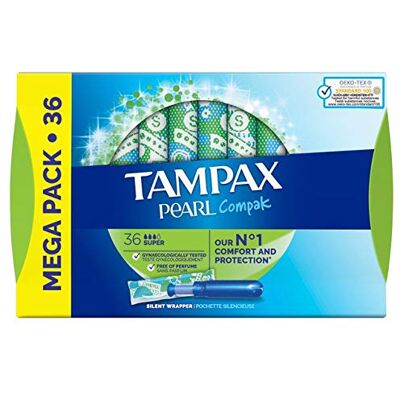 Tampax Compak Pearl Super Tampons avec applicateur, combinaison leader de pour confort, protection et discrétion, 36 unités Tampax Compak Pearl Super Tampons avec applicateur, combinaison leader de pour confort, protection et discrétion, 36 unités