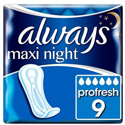 Always Serviettes Maxi Night: 9 Count (Pack of 1), Serviettes hygiéniques, Maxi, 1E+1 gramme Always Serviettes Maxi Night: 9 Count (Pack of 1), Serviettes hygiéniques, Maxi, 1E+1 gramme