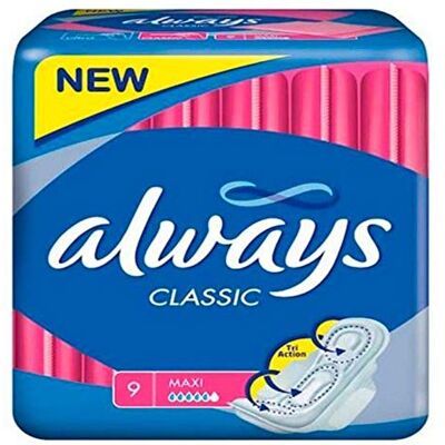 Always Serviettes hygiéniques Classic (taille 2) avec ailettes – 9 pièces Always Serviettes hygiéniques Classic (taille 2) avec ailettes – 9 pièces