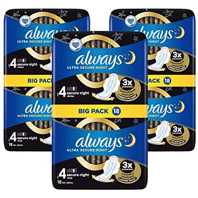 Always Ultra Secure Night Lot de 3 paquets de 54 serviettes hygiéniques avec ailettes Taille 4 Always Ultra Secure Night Lot de 3 paquets de 54 serviettes hygiéniques avec ailettes Taille 4