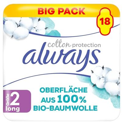 Always Cotton Protection Lot de 18 serviettes hygiéniques ultra longues avec ailettes, surface 100% coton bio Always Cotton Protection Lot de 18 serviettes hygiéniques ultra longues avec ailettes, surface 100% coton bio