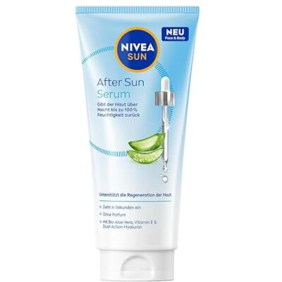 After Sun Sérum hydratant à l'aloe vera bio, à la vitamine E et à l'acide hyaluronique, lotion après soleil pour aider à la régénération de la peau après un bain de soleil (100 ml) After Sun Sérum hydratant à l'aloe vera bio, à la vitamine E et à l'acide hyaluronique, lotion après soleil pour aider à la régénération de la peau après un bain de soleil (100 ml)