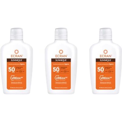 Ecran Sunnique Lait protecteur solaire FPS 50, protection UVB + UVA et IR-A, renforce les défenses, protège la peau, hydratation 24h, formule avec VitEox 80, pour toute la famille Lot de 3 x 200 Ecran Sunnique Lait protecteur solaire FPS 50, protection UVB + UVA et IR-A, renforce les défenses, protège la peau, hydratation 24h, formule avec VitEox 80, pour toute la famille Lot de 3 x 200