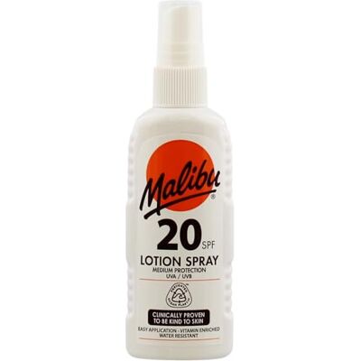 Malibu Sun Lotion en spray SPF 20, protection moyenne, résistante à l'eau, enrichie en vitamines, avec extrait de beurre de karité, 100 ml Malibu Sun Lotion en spray SPF 20, protection moyenne, résistante à l'eau, enrichie en vitamines, avec extrait de beurre de karité, 100 ml