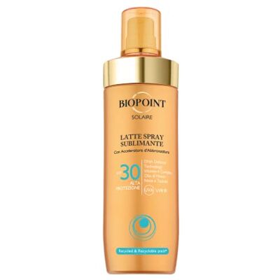 BIOPOINT Solaire Lait Solaire Spray Sublimant SPF 30 avec Accélérateur de bronzage, action antioxydante et hydratante, donne une peau dorée et lumineuse, 250 ml BIOPOINT Solaire Lait Solaire Spray Sublimant SPF 30 avec Accélérateur de bronzage, action antioxydante et hydratante, donne une peau dorée et lumineuse, 250 ml
