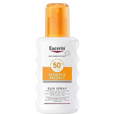 Eucerin Sun Protection Sensitive Protect Spray Solaire SPF50+ 200ml, Protection solaire pour le corps anti UV résistante à l'eau, Spray solaire 50+ sans parfum pour tous les types de peaux Eucerin Sun Protection Sensitive Protect Spray Solaire SPF50+ 200ml, Protection solaire pour le corps anti UV résistante à l'eau, Spray solaire 50+ sans parfum pour tous les types de peaux