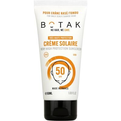 BOTAK Crème solaire SPF50 pour la tête rasée Vegan, français Protection UV très élevée 0 taches blanches Non grasse Imperméable Anti-sécheresse Régule le pH et le microbiote 50 ml BOTAK Crème solaire SPF50 pour la tête rasée Vegan, français Protection UV très élevée 0 taches blanches Non grasse Imperméable Anti-sécheresse Régule le pH et le microbiote 50 ml