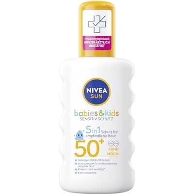 Beiersdorf NIVEA SUN Babies & Kids Sensitiv Schutz Spray solaire SPF 50+, crème solaire extra imperméable pour enfants, protection solaire non parfumée, même pour les peaux sujettes à l'eczéma (200 ml) Beiersdorf NIVEA SUN Babies & Kids Sensitiv Schutz Spray solaire SPF 50+, crème solaire extra imperméable pour enfants, protection solaire non parfumée, même pour les peaux sujettes à l'eczéma (200 ml)