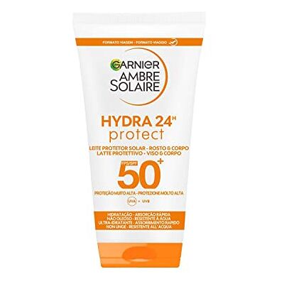 Garnier Ambre Solaire Lait de Protection Hydra 24H Protect, Visage et Corps, Ultra-Hydratant pour toute la journée, avec protection très lata SPF50, résistant à l'eau, à absorption rapide, mini taille de voyage 50 ml Garnier Ambre Solaire Lait de Protection Hydra 24H Protect, Visage et Corps, Ultra-Hydratant pour toute la journée, avec protection très lata SPF50, résistant à l'eau, à absorption rapide, mini taille de voyage 50 ml
