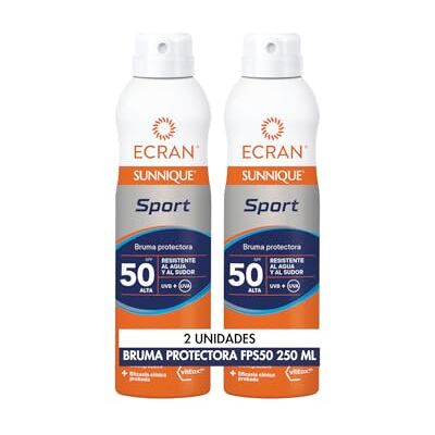 Ecran Sunnique Sport Brume protectrice solaire SFP 50, protection haute UVB, UVA, fraîcheur instantanée, renforce les défenses, très résistante à l'eau, pour tous types de peaux, lot de 2 x 250 ml Ecran Sunnique Sport Brume protectrice solaire SFP 50, protection haute UVB, UVA, fraîcheur instantanée, renforce les défenses, très résistante à l'eau, pour tous types de peaux, lot de 2 x 250 ml