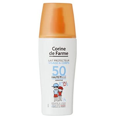 Corine de Farme , Lait Protecteur Soleil SPF50 UVA-UVB, Soin Solaire Visage et Corps Pour Enfants, Sans Parfum, Sans Paraben, Résistant à l’eau, 150 ml Corine de Farme , Lait Protecteur Soleil SPF50 UVA-UVB, Soin Solaire Visage et Corps Pour Enfants, Sans Parfum, Sans Paraben, Résistant à l’eau, 150 ml