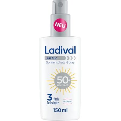 Ladival Aktiv Spray solaire SPF 50+ pour le corps, idéal pour le sport et les déplacements, résistant à la transpiration, imperméable, avec triple protection cellulaire, 150 ml Ladival Aktiv Spray solaire SPF 50+ pour le corps, idéal pour le sport et les déplacements, résistant à la transpiration, imperméable, avec triple protection cellulaire, 150 ml