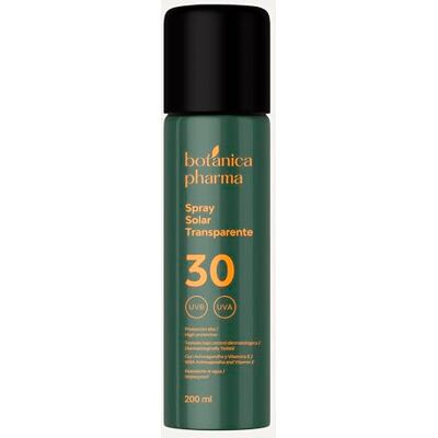 Botanicapharma Spray solaire transparent SPF30 200 ml Propriétés antioxydantes Résistant à l'eau Texture fluide et légère Botanicapharma Spray solaire transparent SPF30 200 ml Propriétés antioxydantes Résistant à l'eau Texture fluide et légère