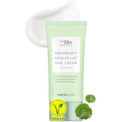 THANKYOU FARMER Sun Project Skin Relief Sun Cream SPF50+ PA++++ 50ml Crème solaire visage non comédogène pour peau sensible, crème solaire visage coréenne, Centella Asiana Extraits THANKYOU FARMER Sun Project Skin Relief Sun Cream SPF50+ PA++++ 50ml Crème solaire visage non comédogène pour peau sensible, crème solaire visage coréenne, Centella Asiana Extraits