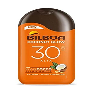 Bilboa , Lait solaire noix de coco Glow SPF 30, crème solaire avec huile de coco et vitamine E, léger sur la peau, protection solaire résistante à l'eau, 200 ml Bilboa , Lait solaire noix de coco Glow SPF 30, crème solaire avec huile de coco et vitamine E, léger sur la peau, protection solaire résistante à l'eau, 200 ml