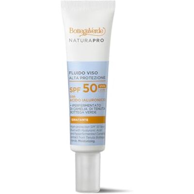 Bottega Verde Liquide visage haute protection SPF 50, 25 ml, Enrichi en acide hyaluronique et hyperfermenté de camélia, action hydratante et protectrice, texture légère, pour tous les types de peau Bottega Verde Liquide visage haute protection SPF 50, 25 ml, Enrichi en acide hyaluronique et hyperfermenté de camélia, action hydratante et protectrice, texture légère, pour tous les types de peau
