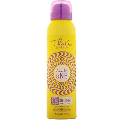 That'so All in One Protection Solaire Spray Incrémental 20/30/50+ SPF Protection durable et résistante à l'eau Hydratant et antioxydant avec vitamine E, huile d'avocat et jojoba 100 ml That'so All in One Protection Solaire Spray Incrémental 20/30/50+ SPF Protection durable et résistante à l'eau Hydratant et antioxydant avec vitamine E, huile d'avocat et jojoba 100 ml