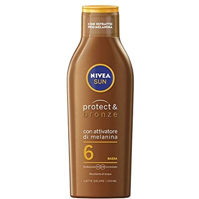 NIVEA SUN Crème solaire Protect & Bronze FP6 en flacon de 200 ml, crème bronzante et hydratante, lait solaire pour un bronzage doré, intense et uniforme NIVEA SUN Crème solaire Protect & Bronze FP6 en flacon de 200 ml, crème bronzante et hydratante, lait solaire pour un bronzage doré, intense et uniforme