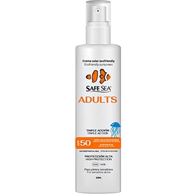 SAFE SEA Jellyfish Sting Sun Spray SPF 50 Vegan Haute résistance à l'eau et protection solaire élevée pour adultes Convient aux peaux sensibles Format 250ml SAFE SEA Jellyfish Sting Sun Spray SPF 50 Vegan Haute résistance à l'eau et protection solaire élevée pour adultes Convient aux peaux sensibles Format 250ml