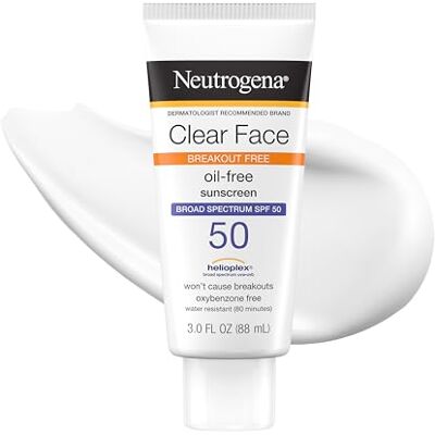 Neutrogena Clear Face Lotion solaire liquide pour peaux sujettes à l'acné, large spectre SPF 50, protection UVA/UVB, sans parfum et sans oxybenzone, non comédogène, non parfumé, 90 ml Neutrogena Clear Face Lotion solaire liquide pour peaux sujettes à l'acné, large spectre SPF 50, protection UVA/UVB, sans parfum et sans oxybenzone, non comédogène, non parfumé, 90 ml