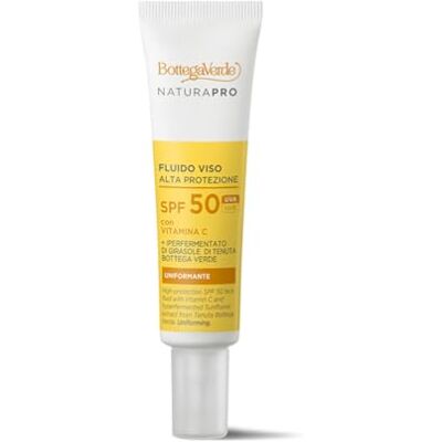 Bottega Verde Liquide visage haute protection SPF 50, 25 ml, avec vitamine C et extrait hyperfermenté de tournesol, action éclaircissante et antioxydante, texture légère, pour tous les types de peau Bottega Verde Liquide visage haute protection SPF 50, 25 ml, avec vitamine C et extrait hyperfermenté de tournesol, action éclaircissante et antioxydante, texture légère, pour tous les types de peau