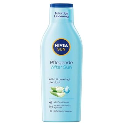 NIVEA Sun Lotion après-soleil nourrissante (250 ml), avec effet apaisant pour la peau après le bain de soleil, à l'aloe vera bio et à l'acide hyaluronique pour 48 h d'hydratation NIVEA Sun Lotion après-soleil nourrissante (250 ml), avec effet apaisant pour la peau après le bain de soleil, à l'aloe vera bio et à l'acide hyaluronique pour 48 h d'hydratation