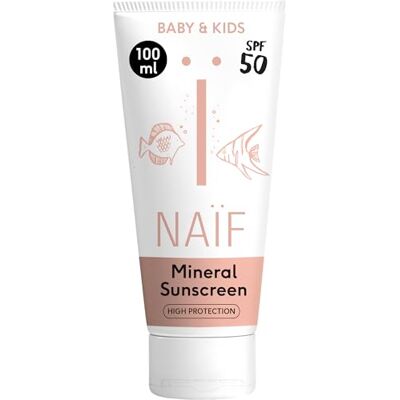 Naïf Crème solaire minérale- pour bébés et enfants SPF 50 crème sans octocrylène protection UVA et UVB résistante à l'eau testée dermatologiquement sans microplastiques 100 ml Naïf Crème solaire minérale- pour bébés et enfants SPF 50 crème sans octocrylène protection UVA et UVB résistante à l'eau testée dermatologiquement sans microplastiques 100 ml