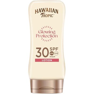 Hawaiian Tropic Glowing Protection Crème Solaire Lotion SPF 30 180ml Protection solaire élevée anti-UVA & UVB, résiste à l'eau, enrichie en beurre de karité et vitamine E, formule végane Hawaiian Tropic Glowing Protection Crème Solaire Lotion SPF 30 180ml Protection solaire élevée anti-UVA & UVB, résiste à l'eau, enrichie en beurre de karité et vitamine E, formule végane
