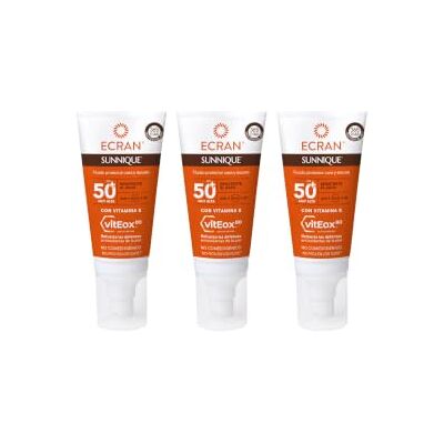 Ecran Sunnique Fluide de protection solaire FPS 50+ pour visage et décolleté, protection UVB + UVA et IR-A, renforce les défenses, protège la peau, hydratation 24 h, formule avec VitEox 80 Lot de 3 Ecran Sunnique Fluide de protection solaire FPS 50+ pour visage et décolleté, protection UVB + UVA et IR-A, renforce les défenses, protège la peau, hydratation 24 h, formule avec VitEox 80 Lot de 3