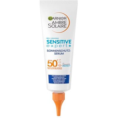 Garnier Sérum de protection solaire SPF50+ pour peaux sensibles, crème solaire imperméable pour le visage et le corps, formule non grasse avec céramides, Ambre Solaire Sensitive expert+, 125 ml Garnier Sérum de protection solaire SPF50+ pour peaux sensibles, crème solaire imperméable pour le visage et le corps, formule non grasse avec céramides, Ambre Solaire Sensitive expert+, 125 ml