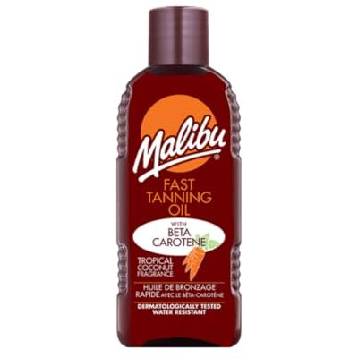 Malibu Sun Huile de bronzage imperméable avec bêta-carotène et parfum de noix de coco tropicale 100 ml Malibu Sun Huile de bronzage imperméable avec bêta-carotène et parfum de noix de coco tropicale 100 ml