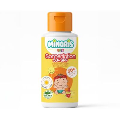 Minoris Lotion solaire pour bébé SPF 50+ Protection solaire biologique naturelle et minérale pour peaux sensibles Hypoallergénique, végétalien, imperméable, large bande, testée dermatologiquement Minoris Lotion solaire pour bébé SPF 50+ Protection solaire biologique naturelle et minérale pour peaux sensibles Hypoallergénique, végétalien, imperméable, large bande, testée dermatologiquement