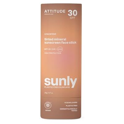 ATTITUDE Tinted Mineral Sunscreen Face Stick with Zinc Oxide, SPF 30, EWG Verified, Plastic-Free, Broad Spectrum UVA/UVB Protection, Dermatologically Tested, Vegan, Unscented, 20 g ATTITUDE Tinted Mineral Sunscreen Face Stick with Zinc Oxide, SPF 30, EWG Verified, Plastic-Free, Broad Spectrum UVA/UVB Protection, Dermatologically Tested, Vegan, Unscented, 20 g
