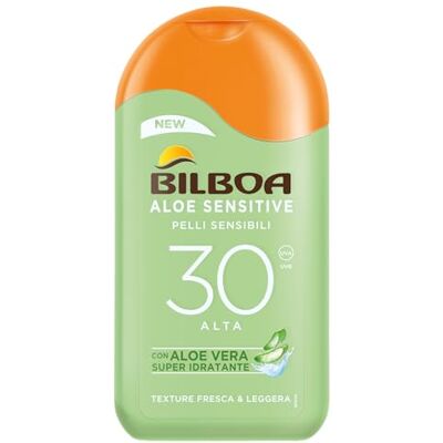 Bilboa Aloe Sensitive SPF 30, Lait Solaire Haut pour Peaux Sensibles, Formule avec Aloe Vera, Protège et Hydrate les Peaux Sensibles, 200 ml Bilboa Aloe Sensitive SPF 30, Lait Solaire Haut pour Peaux Sensibles, Formule avec Aloe Vera, Protège et Hydrate les Peaux Sensibles, 200 ml