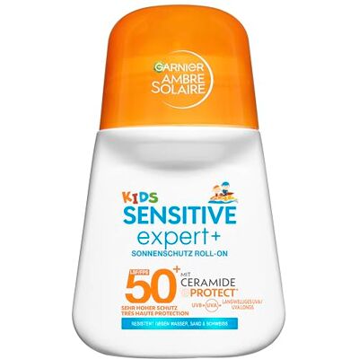 Garnier Ambre Solaire Kids Sensitive expert+ Protection solaire Roll-On SPF 50+ Crème solaire pour enfants & bébés Imperméable, résistant au sable et avec Ceramide-Protect Format de poche Garnier Ambre Solaire Kids Sensitive expert+ Protection solaire Roll-On SPF 50+ Crème solaire pour enfants & bébés Imperméable, résistant au sable et avec Ceramide-Protect Format de poche