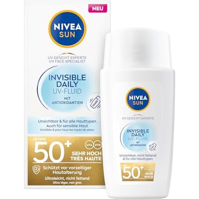 Beiersdorf NIVEA SUN Protection solaire Fluid SPF 50+, crème solaire non grasse avec antioxydants, fluide ultra léger avec finition invisible, UV Expert Invisible Daily UV-Fluid SPF 50+ (40 ml) Beiersdorf NIVEA SUN Protection solaire Fluid SPF 50+, crème solaire non grasse avec antioxydants, fluide ultra léger avec finition invisible, UV Expert Invisible Daily UV-Fluid SPF 50+ (40 ml)