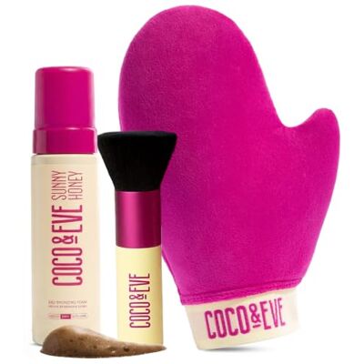 Coco & Eve Sunny Honey Bali (foncé) Mousse bronzante naturelle sans soleil Lotion autobronzante instantanée avec poudre bronzante, gant applicateur et brosse Kabuki. Coco & Eve Sunny Honey Bali (foncé) Mousse bronzante naturelle sans soleil Lotion autobronzante instantanée avec poudre bronzante, gant applicateur et brosse Kabuki.