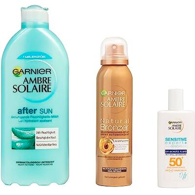 Garnier Kit de soin pour peau bronzée avec crème solaire SPF 50+ à l'acide hyaluronique, spray autobronzant à l'huile d'abricot et lotion après-soleil à l'aloe vera, kit Ambre Solaire 3 pièces Garnier Kit de soin pour peau bronzée avec crème solaire SPF 50+ à l'acide hyaluronique, spray autobronzant à l'huile d'abricot et lotion après-soleil à l'aloe vera, kit Ambre Solaire 3 pièces