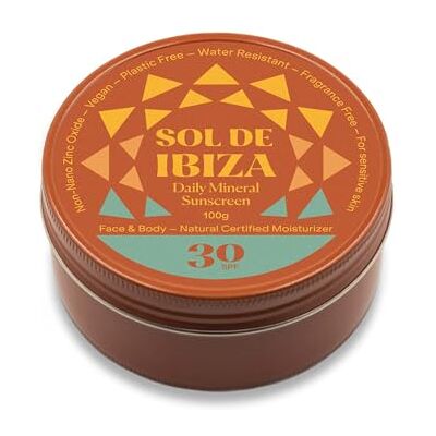 Sol de Ibiza Plastic Free │ Solid mineral sunscreen SPF30, face and body, natural ingredients, non-nano zinc oxide, vegan, water resistant, adults and children, 100 ml Sol de Ibiza Plastic Free │ Solid mineral sunscreen SPF30, face and body, natural ingredients, non-nano zinc oxide, vegan, water resistant, adults and children, 100 ml