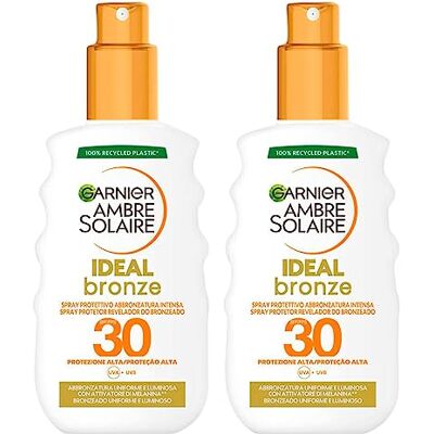 Garnier Ambre Solaire Ideal Bronze Spray Solaire Protection Visage Corps SPF 30 Protection Haute contre UVA UVB Formule Imperméable avec Activateur de Mélanine pour bronzage intense 2 flacons de 200 Garnier Ambre Solaire Ideal Bronze Spray Solaire Protection Visage Corps SPF 30 Protection Haute contre UVA UVB Formule Imperméable avec Activateur de Mélanine pour bronzage intense 2 flacons de 200