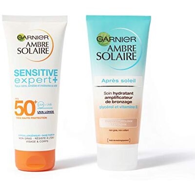 Garnier Ambre Solaire Coffret Protection Solaire Complète Lait Protecteur FPS 50+ + Soin Hydratant Après-Soleil Amplificateur de Bronzage Visage & Corps Peaux Claires & Sensibles 200 ml Garnier Ambre Solaire Coffret Protection Solaire Complète Lait Protecteur FPS 50+ + Soin Hydratant Après-Soleil Amplificateur de Bronzage Visage & Corps Peaux Claires & Sensibles 200 ml