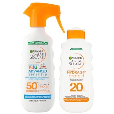 Garnier Ambre Solaire Hydra 24H Protect Protection solaire moyenne SPF 20 hydratant 175 ml + Kids Advanced Sensitive Spray Solaire SPF 50+ Protection très élevée pour enfants 270 ml Lot de 2 Garnier Ambre Solaire Hydra 24H Protect Protection solaire moyenne SPF 20 hydratant 175 ml + Kids Advanced Sensitive Spray Solaire SPF 50+ Protection très élevée pour enfants 270 ml Lot de 2