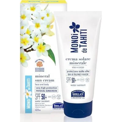 Helan Monoï de Tahiti Crème Solaire Minérale SPF 50+ 125 ml Protection Haute Visage et Corps avec Vitamines C et E, Sans Filtres Nano Helan Monoï de Tahiti Crème Solaire Minérale SPF 50+ 125 ml Protection Haute Visage et Corps avec Vitamines C et E, Sans Filtres Nano
