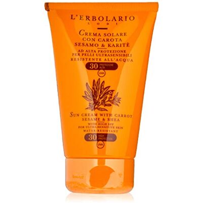 L'Erbolario Crème solaire pour le visage et le corps pour peaux particulièrement sensibles à la carotte, au sésame et au beurre de karité, haute protection, résistant à l'eau, SPF 30, adapté à la peau L'Erbolario Crème solaire pour le visage et le corps pour peaux particulièrement sensibles à la carotte, au sésame et au beurre de karité, haute protection, résistant à l'eau, SPF 30, adapté à la peau