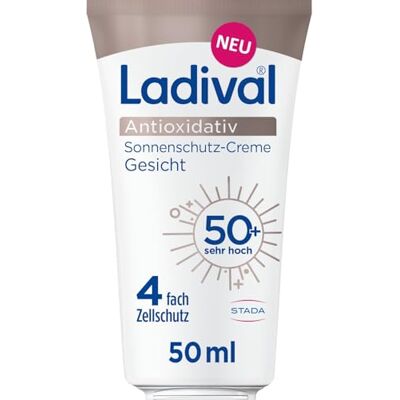 Ladival Crème solaire antioxydante pour le visage SPF 50+ Soin avec complexe anti-pollution Vitamine C et E 4 couches de protection cellulaire Résistant à la transpiration Protection UVA et Ladival Crème solaire antioxydante pour le visage SPF 50+ Soin avec complexe anti-pollution Vitamine C et E 4 couches de protection cellulaire Résistant à la transpiration Protection UVA et