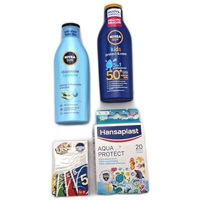 Kids Protect & Care SPF 50+ 200 ml, après-soleil Hydrate 200 ml, Labello Sun Protect Burrocacao 4,8 g, Hansaplast Panotti Aqua Protect Kids 20 pièces et cartes One Pocket incluses Kids Protect & Care SPF 50+ 200 ml, après-soleil Hydrate 200 ml, Labello Sun Protect Burrocacao 4,8 g, Hansaplast Panotti Aqua Protect Kids 20 pièces et cartes One Pocket incluses