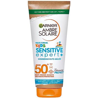 Garnier Ambre Solaire Kids Sensitive expert+ Lait solaire SPF 50+ Protection solaire très élevée avec céramides anti-dessèchement de la peau 175 ml Garnier Ambre Solaire Kids Sensitive expert+ Lait solaire SPF 50+ Protection solaire très élevée avec céramides anti-dessèchement de la peau 175 ml